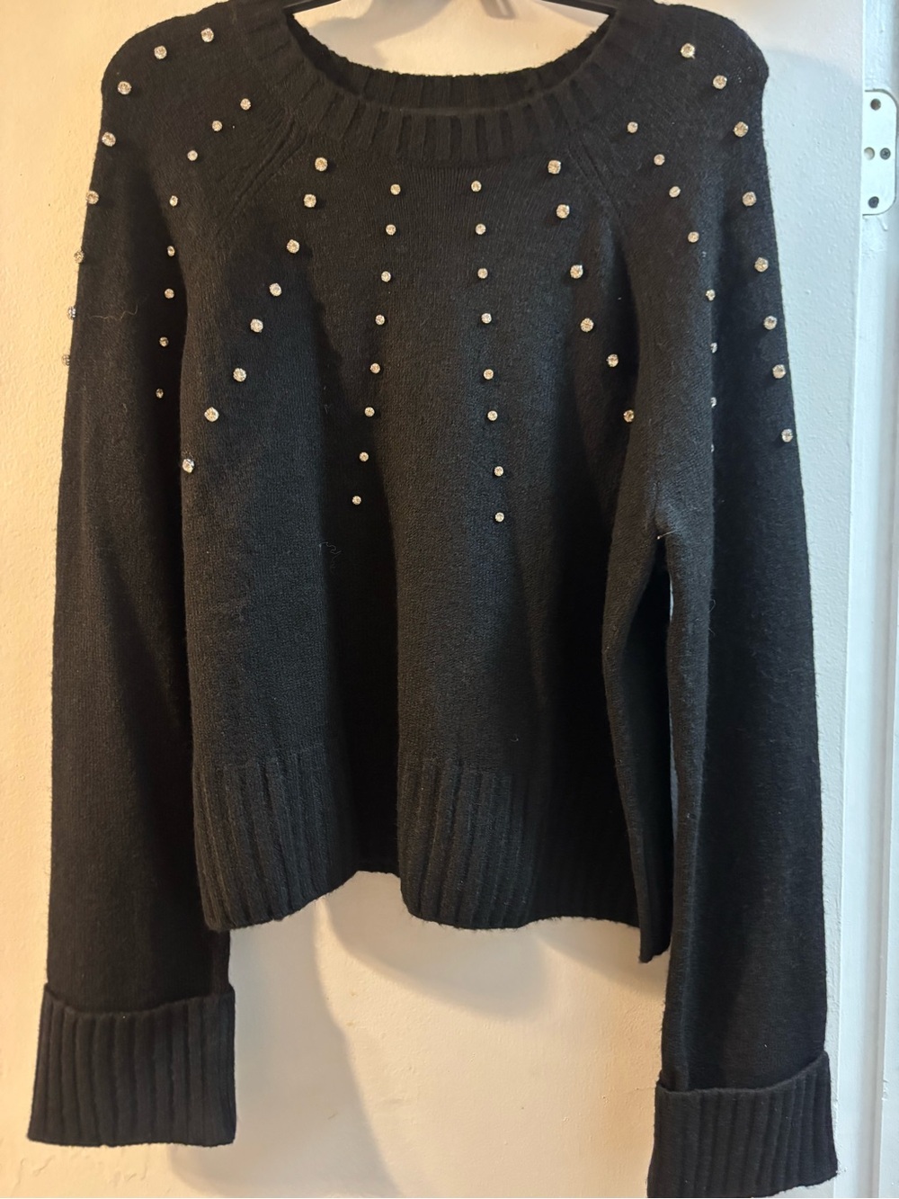 Ellen Tracy Black Crewneck Sweater with Pearl Embellishments